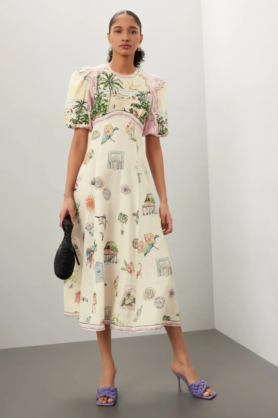 Alemais Sunset Dress Tropical Print Linen Puff Sleeve Midi A-Line Multicolor 4